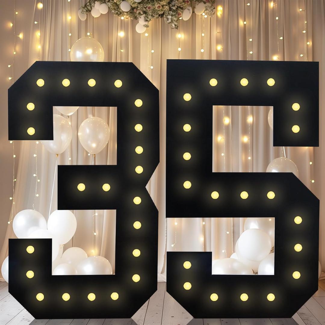 4FT Marquee Light Up Numbers, Black Giant Marquee Number Big Mosaic Number for 35th Birthday Party Decorations Backdrop 35 Anniversary Decor, Pre-Cut Frame Large Number 35