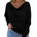 Okiwam Women's Fall Tops Cowl Neck Long Batwing Sleeve Shirts Oversized Tunic Dressy Casual Blouses 2026 Fashion Clothes-XS Black