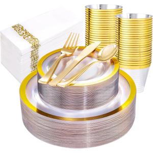 Liacere 175PCS Clear Gold Plastic Plates Clear with Gold Rim for 25 Guests Include 50 Plastic Plates 25Gold Cups 25Forks 50Knives 25Spoons 25Napkins for Party&Wedding&Thanksgiving