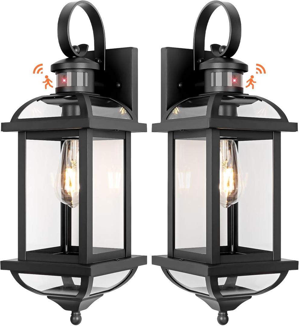 Motion Sensor Porch Lights Dusk to Dawn, 19 Inch Enclosed Bottom Anti-Rust Aluminum Black Outdoor Light fixtures 2 Pack Large Exterior Light Outdoor Wall Lights for House Garage Patio (Modern Matte Black)