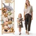 Stuffed Animal Storage Zoo with Wheels, Wooden Large Stuff Animals Plushies Holder, 22.5" D x 22.5" W x 64" H Toy Organizer Storage Cage with Elastic Band and Net for Nursery Playroom Bedroom