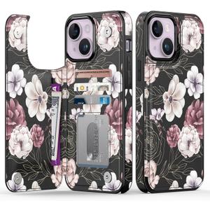 Goodon for iPhone 14 Plus Case Wallet - Flip Folio Leather Cover with Trendy Floral Design, 4 Card Slots & Kickstand Function, Stylish Protective Phone Case for Women and Girls - Pink White Flowers
