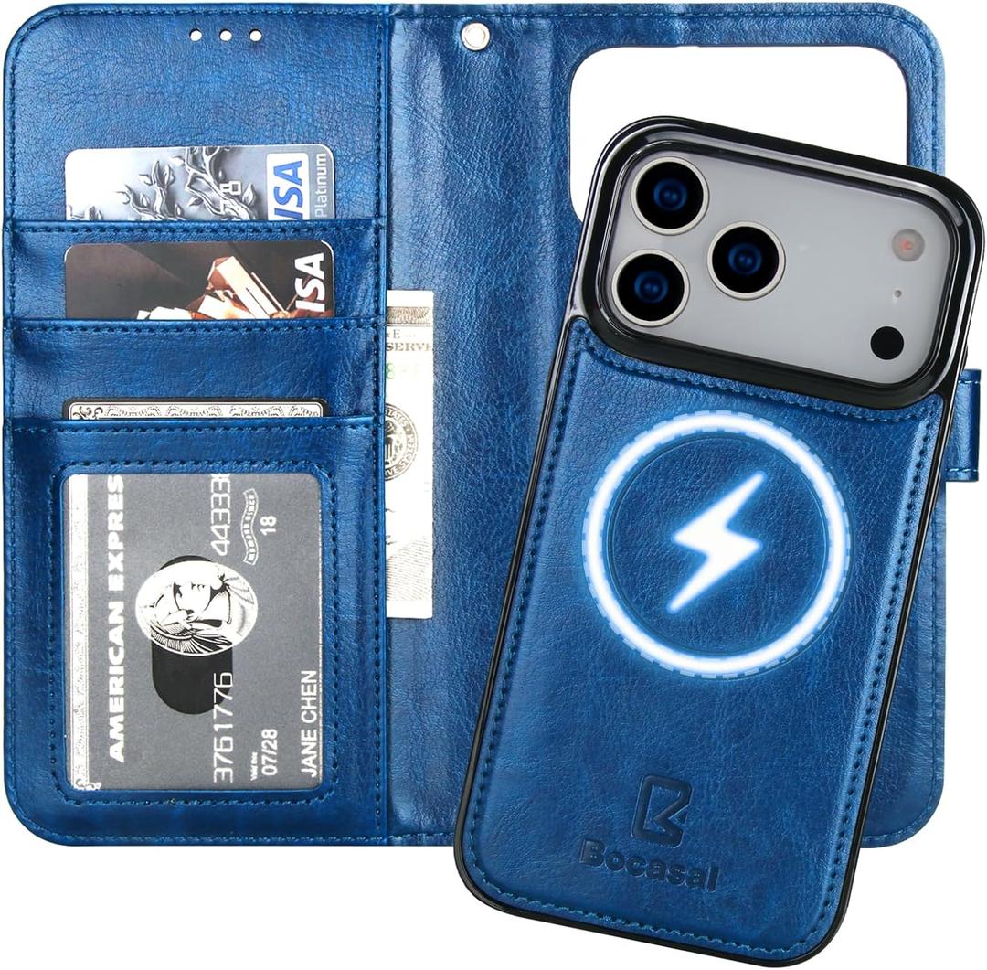 Bocasal for iPhone 17 Pro Max Wallet Case Compatible with MagSafe Wireless Charging, RFID Blocking Magnetic Leather Case with Card Slots Holder Kickstand Detachable Wrist Strap 6.9 Inch (Blue)