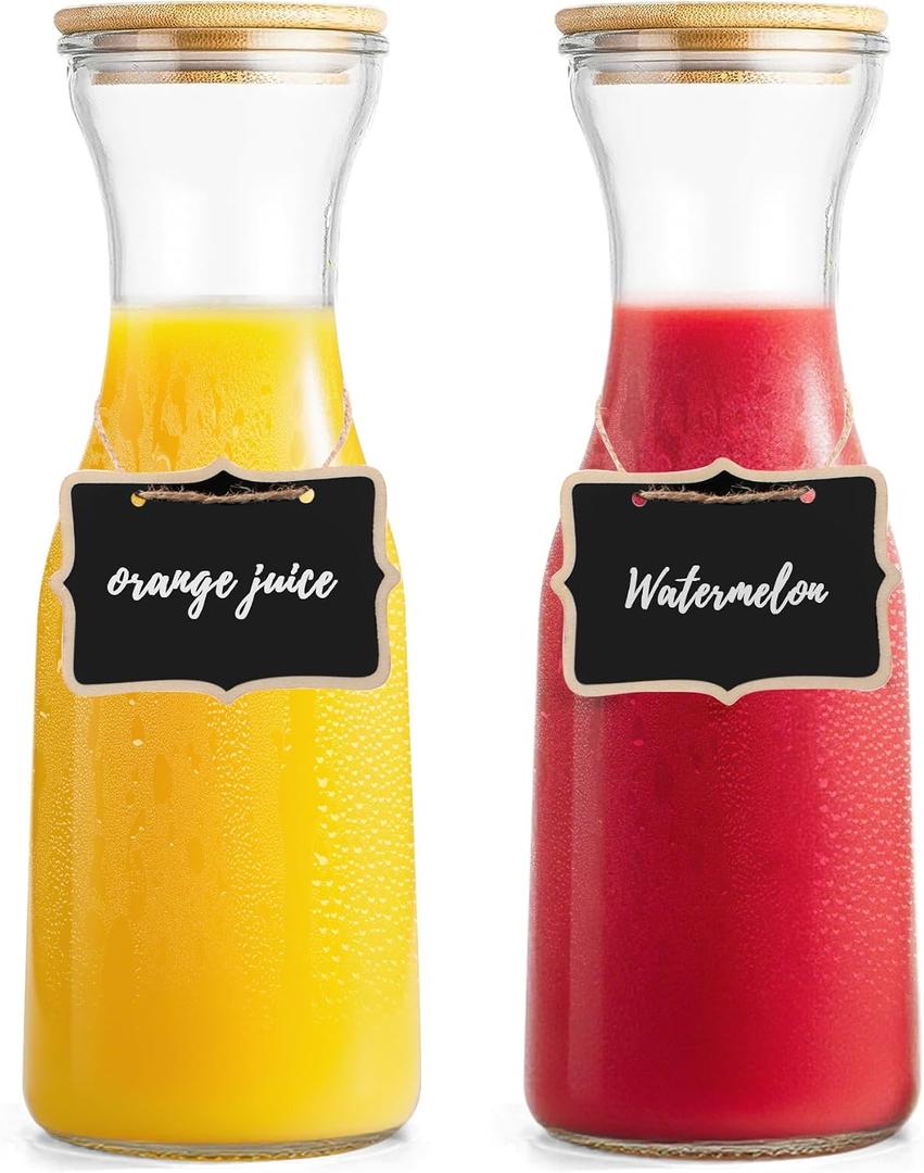 Glass Carafe with Bamboo Lid, Round 35 Oz Beverage Dispensers Carafe, Mimosa Bar Supplies, Clear Glass Pitcher with Name Labels for Iced Tea, Coffee, Juice(Set of 2)
