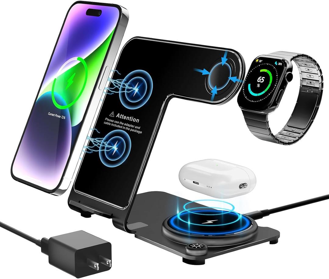 Wireless Charger, Aluminum Alloy 3 in 1 Wireless Charging Station for Apple iPhone/iWatch/Airpods,iPhone15 14,13,12,11 (Pro, ProMax)/XS/XR/XS/X/8(Plus),iWatch8/7/6/SE/5/4/3/2,AirPods 3/2/pro (Black)