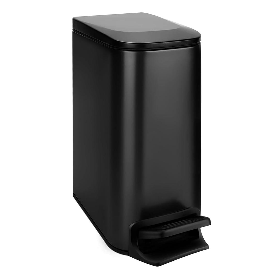 TIPGO Slim Bathroom Can with Lid Soft Close, Step Pedal, 6 Liter / 1.6 Gallon Stainless Steel Bin, Small Garbage Cans for Bedroom, Office, Kitchen (Matte Black)