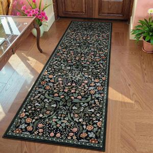 Moynesa Floral Runner Rug for Hallway 2'8" x 8', Washable Kitchen Runner 8ft Non Slip Boho Soft Bathroom Throw Rug, Botanical Ultra Thin Carpet Runners for Entryway Laundry, Black