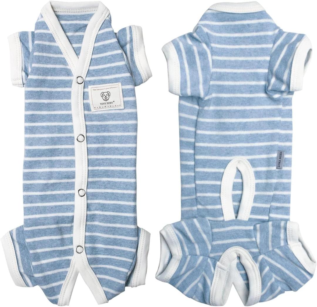 TONY HOBY Female/Male Pet Dog Pajamas Stripes 4 Legged Dog pjs Jumpsuit Soft Cotton Dogs Clothes(XL, Blue+White-Boys)