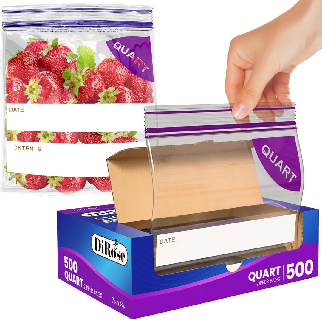 DiRose Quart Bags Pack of 500  1 Quart Reclosable Food Storage Bags  Practical and Durable Design  Food Safe Non-BPA Material  Easy Double Zip Closure  Ideal for Food, Snacks, Organizing (Clear)