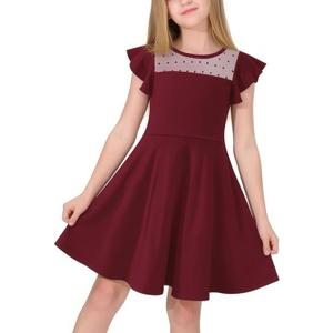Little Bitty Girls Long Sleeve A-Line Tulle Princess Dress, Midi Length Casual Party Ribbed Knit Top Tulle Skirt (Red F) 3T