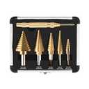 ZELCAN HSS 5PCS Titanium Step Drill Bit Set with Automatic Center Punch for Sheet Metal with Aluminum Case, 50 Sizes in 5 High Speed Multiple Hole Stepped Up Steel Bits for DIY Lovers
