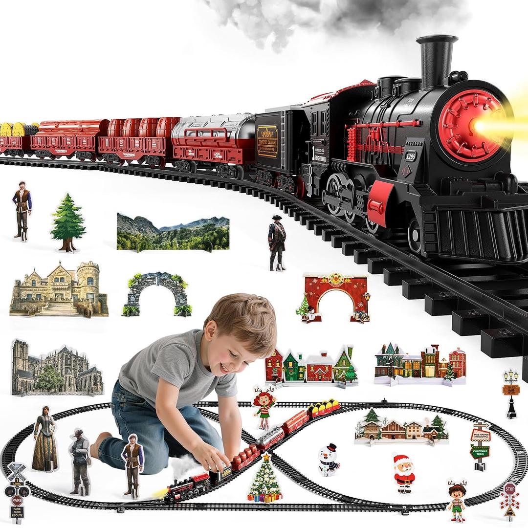 NIPLOOOW Train Set for Toddlers 3-5, Electric Alloy Train Toy with Realistic Sound, Lights and Smoke for Under Christmas Tree,Toddler Model Trains for 3 4 5 6 7 8 Years Old Kids Toys Gifts