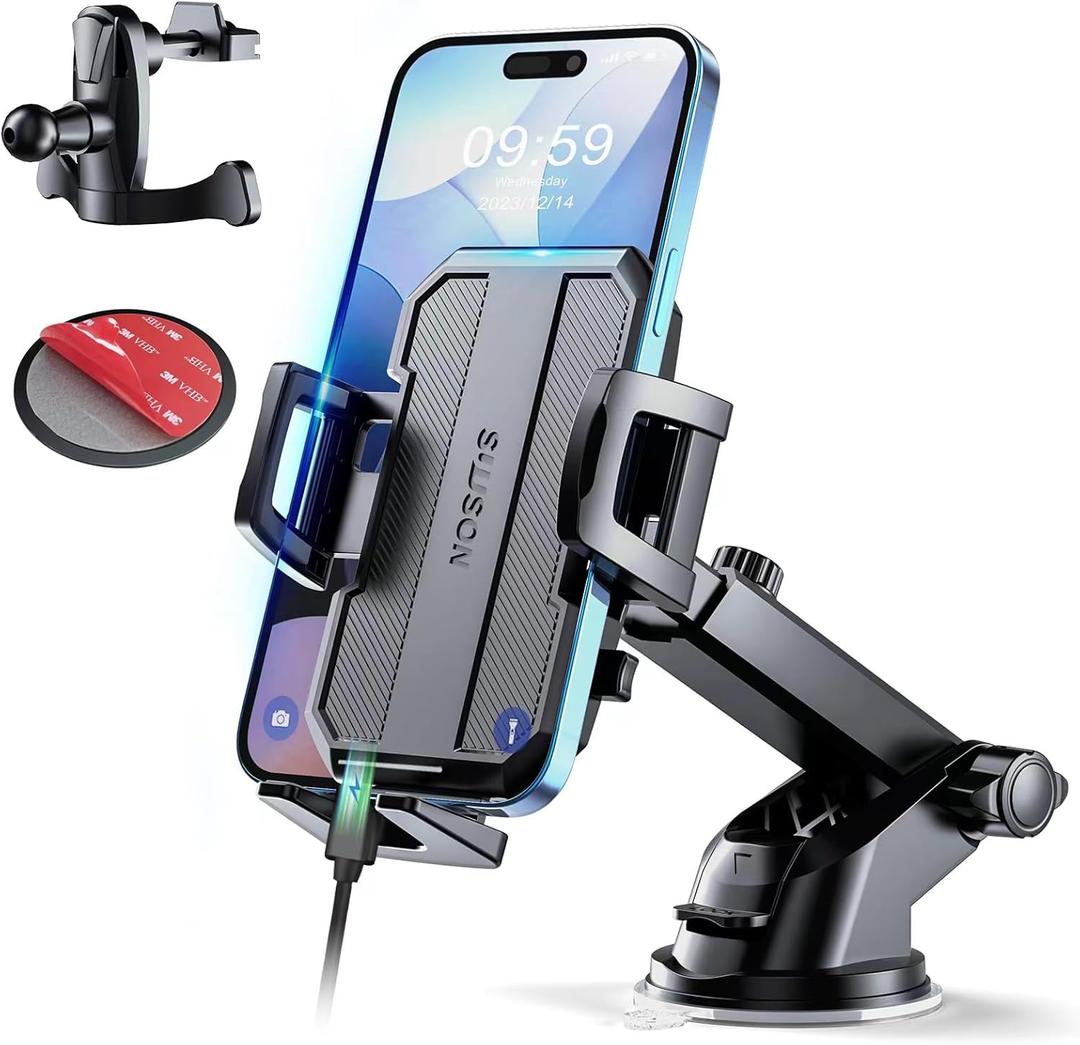 Upgraded 3-in-1 Car Phone Holder Mount [Powerful Suction] Phone Mount for Car Dashboard Air Vent Windshield,for All iPhone Android Phone (Black) (Black)