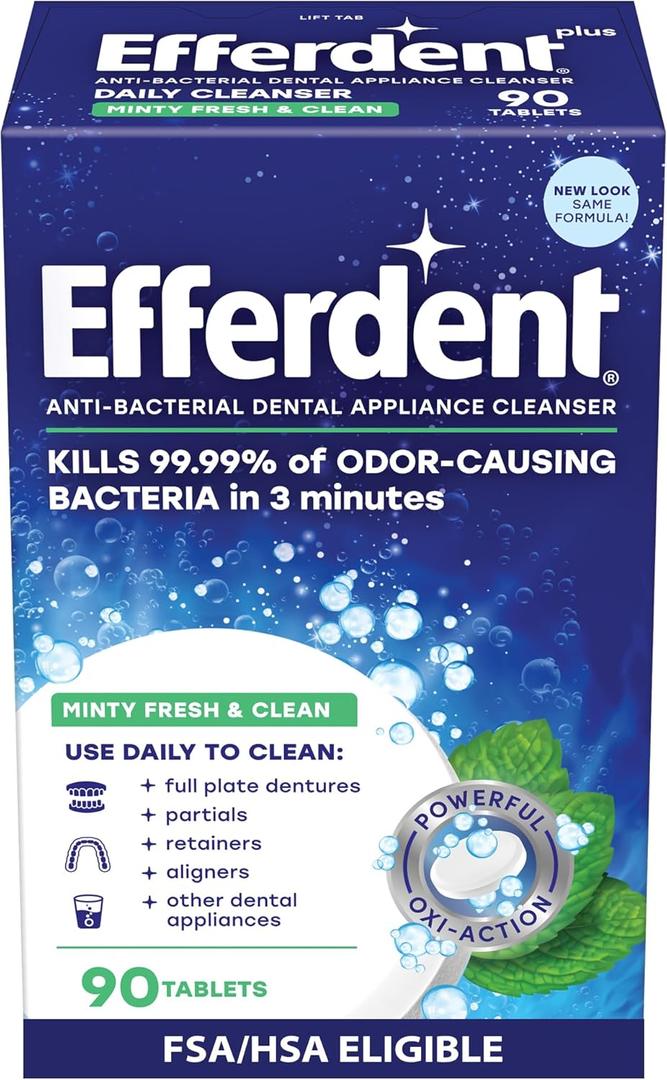 Efferdent Denture Cleaner Tablets  Dental Appliances, Aligners, Mouth Guard, and Retainer Cleaner Tablets, Minty Fresh & Clean, 90 Count