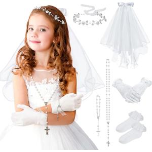 SWEETV 6 Pcs First Communion Veil Set for Girls 1st Communion Bow Veil Headpiece Accessories Set White Lace Veil Flower Crown