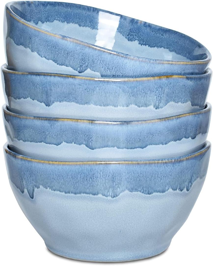 Bosmarlin Ceramic Soup Bowl Set of 4, 28 Oz, Cereal Bowl for Oatmeal, Dishwasher and Microwave Safe, Reactive Glaze (Blue, 6 inches)