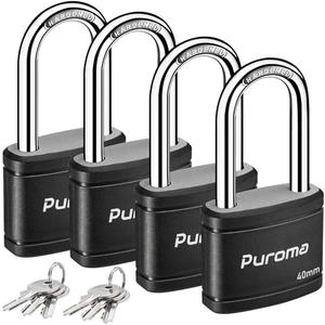 Puroma 4 Pack Keyed Padlock with 6 Keys Alike, 1.8 Inch Locker Lock 40mm Heavy-Duty Locks for Gate Fence Hasp Cabinet Toolbox School Gym Locker (Black)