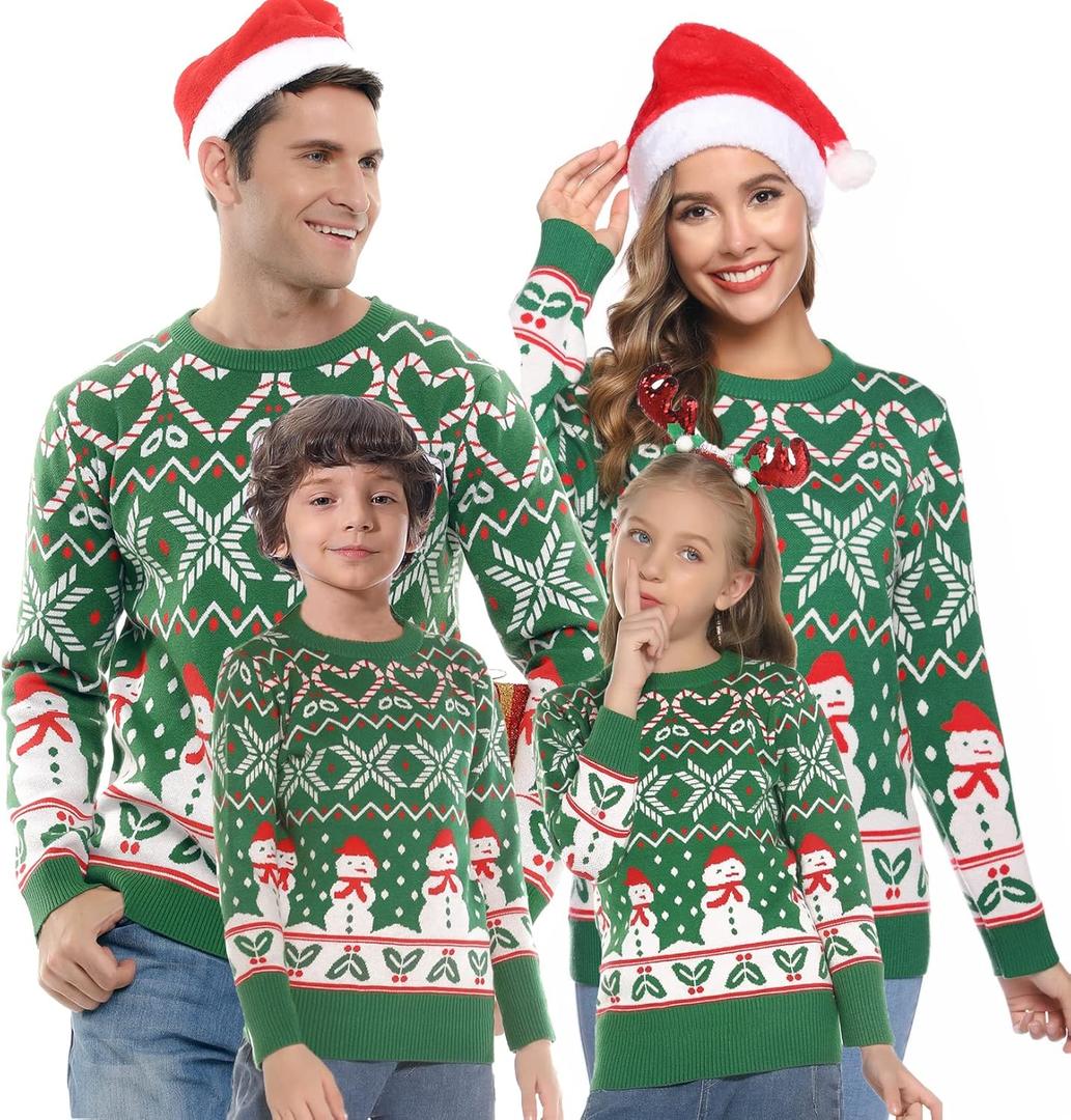 Marvmys Family Matching Christmas Sweater Round Neck Snowman Ugly Knitted Sweater Pullover for Men Women Green, L