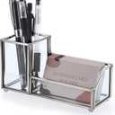 Hipiwe Glass Business Card Holder Metal Pen Pencil Storage Holder for Desk Clear Business Card Display Organizer Case for Office Home,2 Slots,Silver