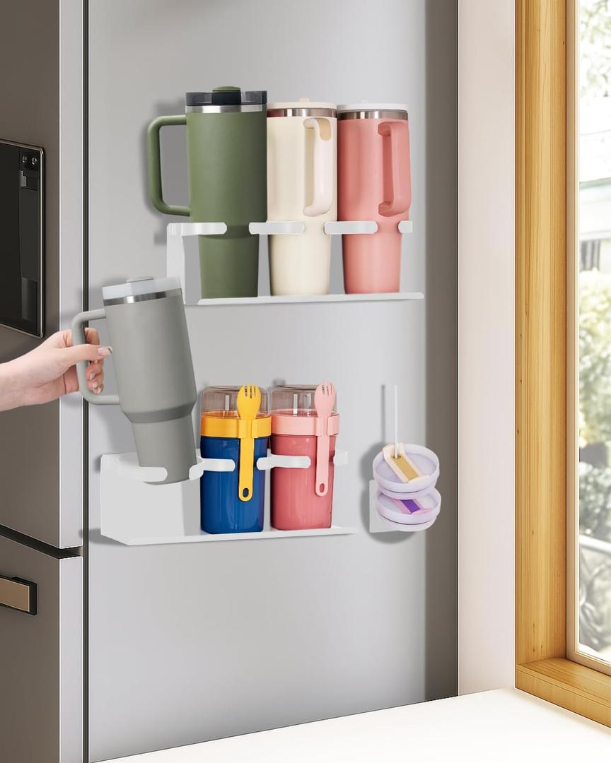 HAMARA Fiber Steel Magnetic Stanley Cup Holder for Fridge  3-Pack Tumbler & Lid Organizer, Heavy-Duty Water Bottle Storage, Kitchen & Pantry Organizer for Stanley Cup Accessories (White)