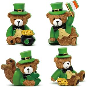 4 Pcs St Patrick's Day Bear Figurines Table Decorations Wooden Teddy Bears Statue Decor Holiday Patty's Leprechaun Tabletop for St. Patrick's Day Office Desk Mantle Home Party Supplies