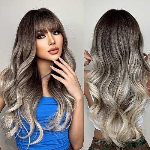 Qihang Long Wavy Ombre Blonde Wigs for Women Ash Blonde Wig with Bangs Natural Synthetic Wig with Dark Root Blonde Hair Replacement Wigs for Cosplay Party Daily Use 24 Inch