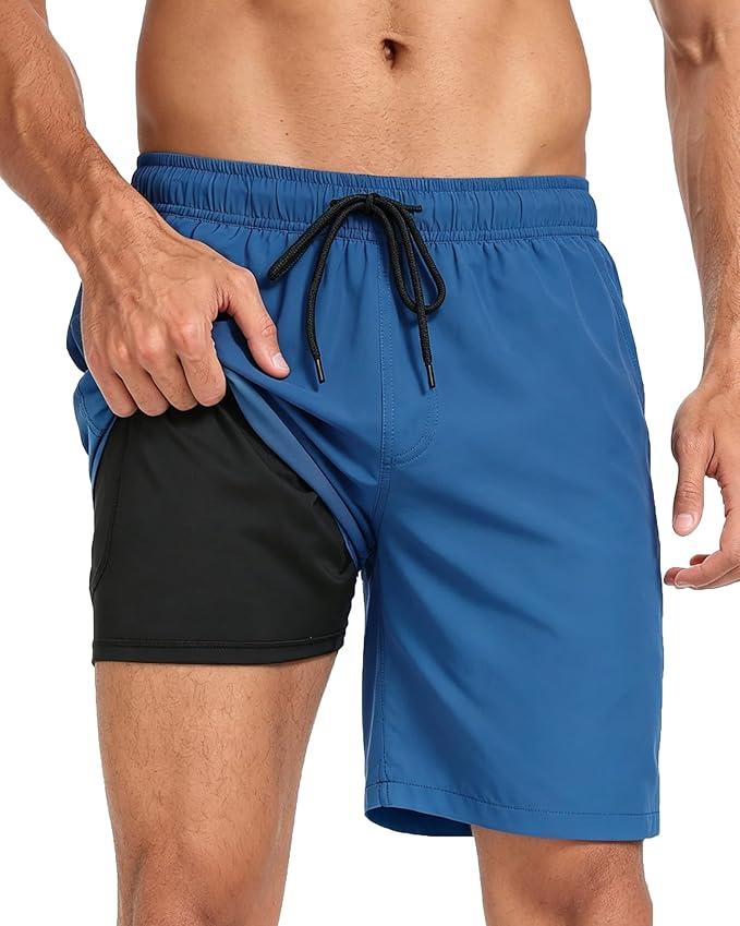 Fasker Mens Swim Trunks with Compression Liner 7" Inseam Quick Dry Bathing Suit Beach Shorts Swimming Trunks with Pockets, Lake Blue, Large