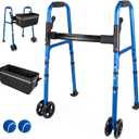Walkers for Seniors & Adults, Folding Mobility Frame with 2 Skis, Dual 5 Inch Wheels, 2 Precut Tennis Balls & Basket with Reflective Strips, Lightweight Adjustable Height, Compact Design, Blue