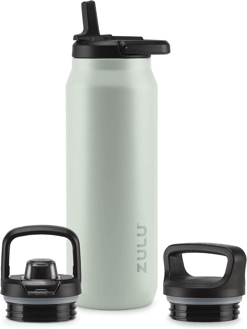 ZULU Base 40oz Stainless Steel Water Bottle with 3 Lids- Straw, Chug, Twist | Double Walled and Vacuum Insulated Metal Thermos | For Gym, Outdoor | Built in Carry Loop, Dishwasher Safe, Sage