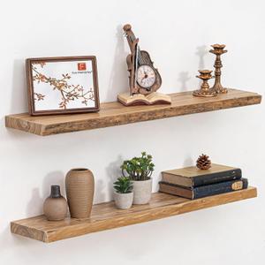 Fun Memories 36 Inch Floating Shelves  Set of 2, Rustic Elm Floating Shelves for Wall, Heavy-Duty Wall Shelf for Books, Wooden Floating Shelf with Invisible Bracket for Kitchen  Natural Finish