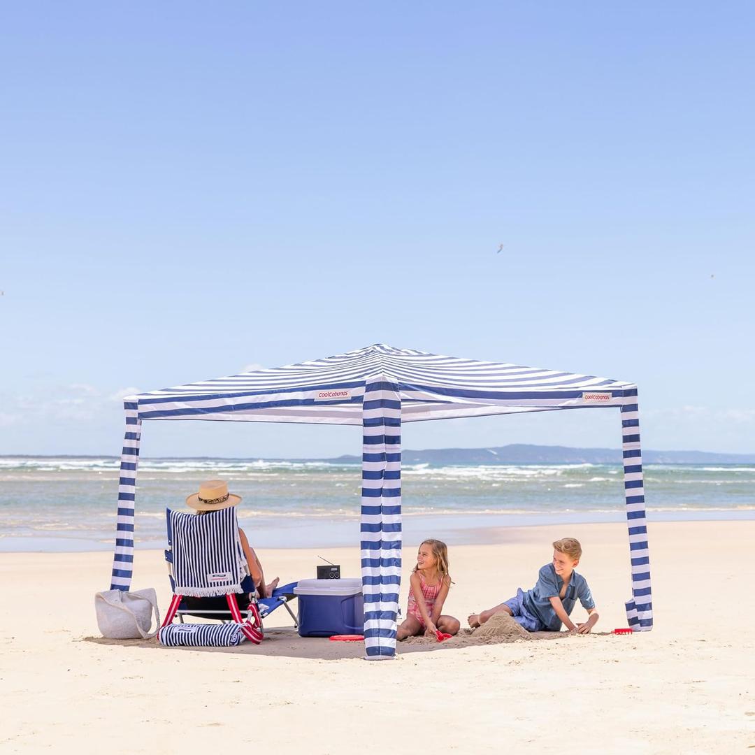 CoolCabana Beach Shade Tent - Easy Setup, UPF 50+ Protection, Large & Medium Sizes, Compact & Wind Resistant - Beach Cabana for The Whole Family - Navy Stripes, Large, 64ft2 - 8' x 8'