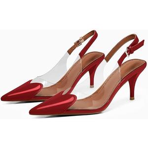 Women's Kitten Heels Clear Slingback Closed Pointed Toe Pumps Low Heel Dress Shoes Sling Back Comfortable Transparent PVC (9, Burgundy)