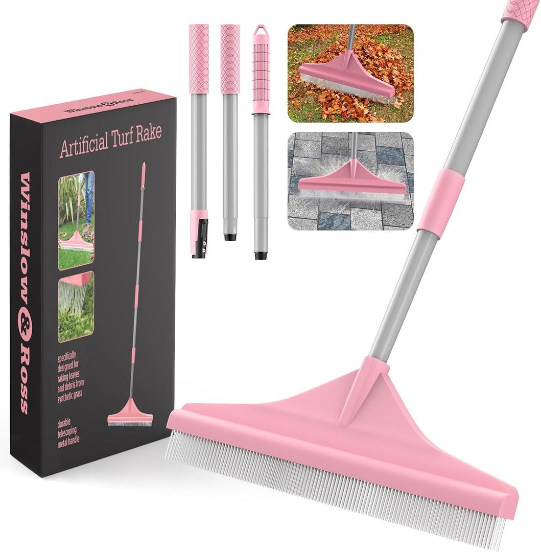 Artificial Turf Rake with Steel Telescopic Handle, 32 to 55 Inch 3 Piece-Pole Easy Storage Design, Garden Hand Boom Rake for Artificial Grass, Carpet Pet Hair, Lawn Leaves and Debris Remove, Pink