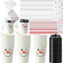 25 Pack Christmas Snowman Disposable Cups with Lids Snowflake Cellophane Bags with Twist Ties Hanging Xmas Soup Tags Snowman Paper Cups for Hot Cocoa Chocolate Winter Holiday Party (12oz)
