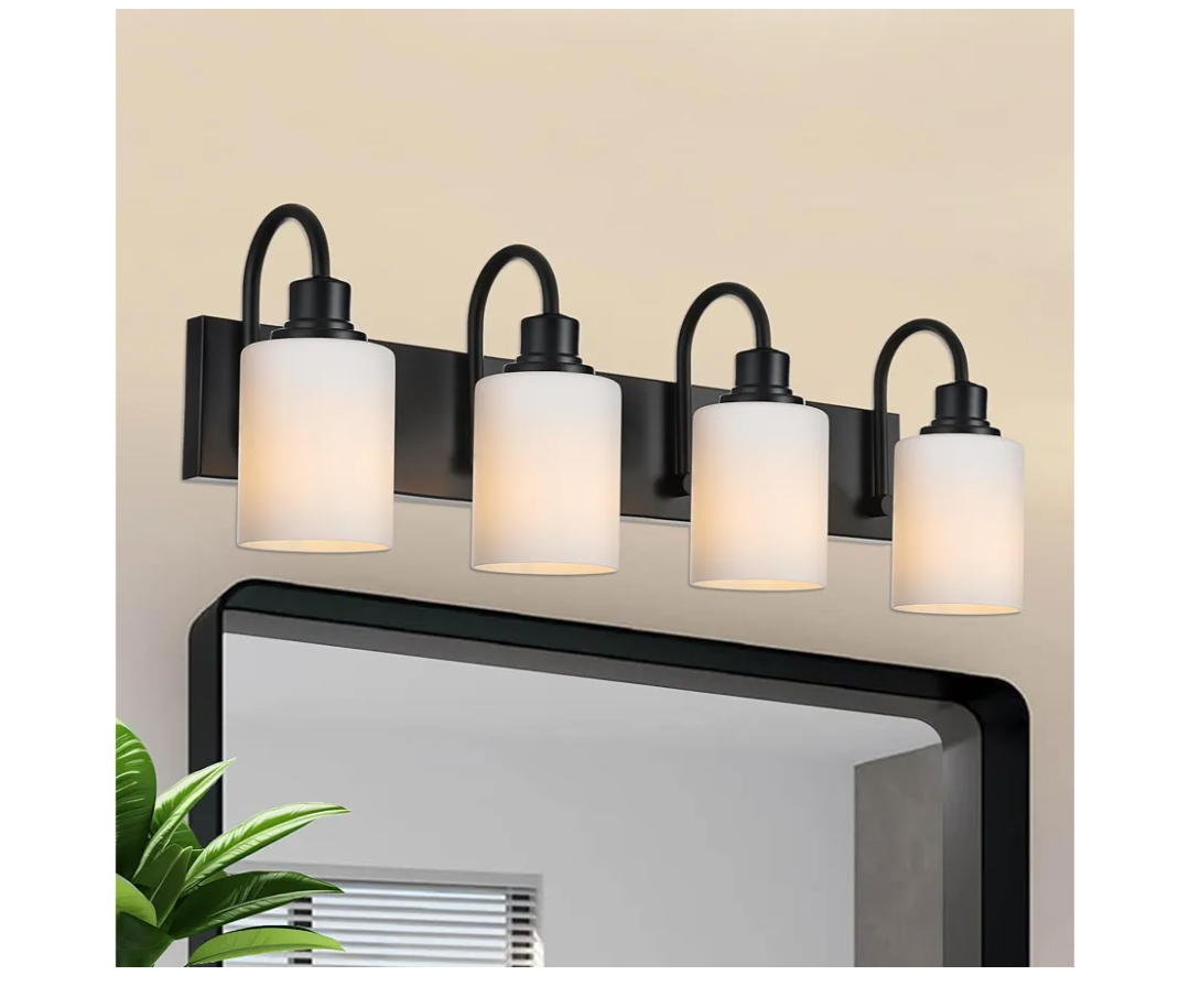 VINLUZ 4 Light Vanity Light Fixture,Matte Black Wall Sconces Lighting with Opal White Glass Shade Metal Interior Bathroom Lights Over Mirror for Hallway Bedroom