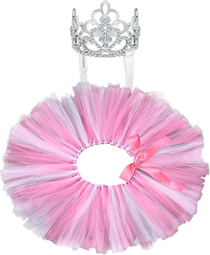 2 Pcs Dog Crown Headband Dog Tutu Dress Set Crystal Rhinestone Tiara Crown Tutu Skirt Pet Dress Costume for Puppy Birthday Party Wedding Photo Prop Costume(X-Large,Rose Red, White)