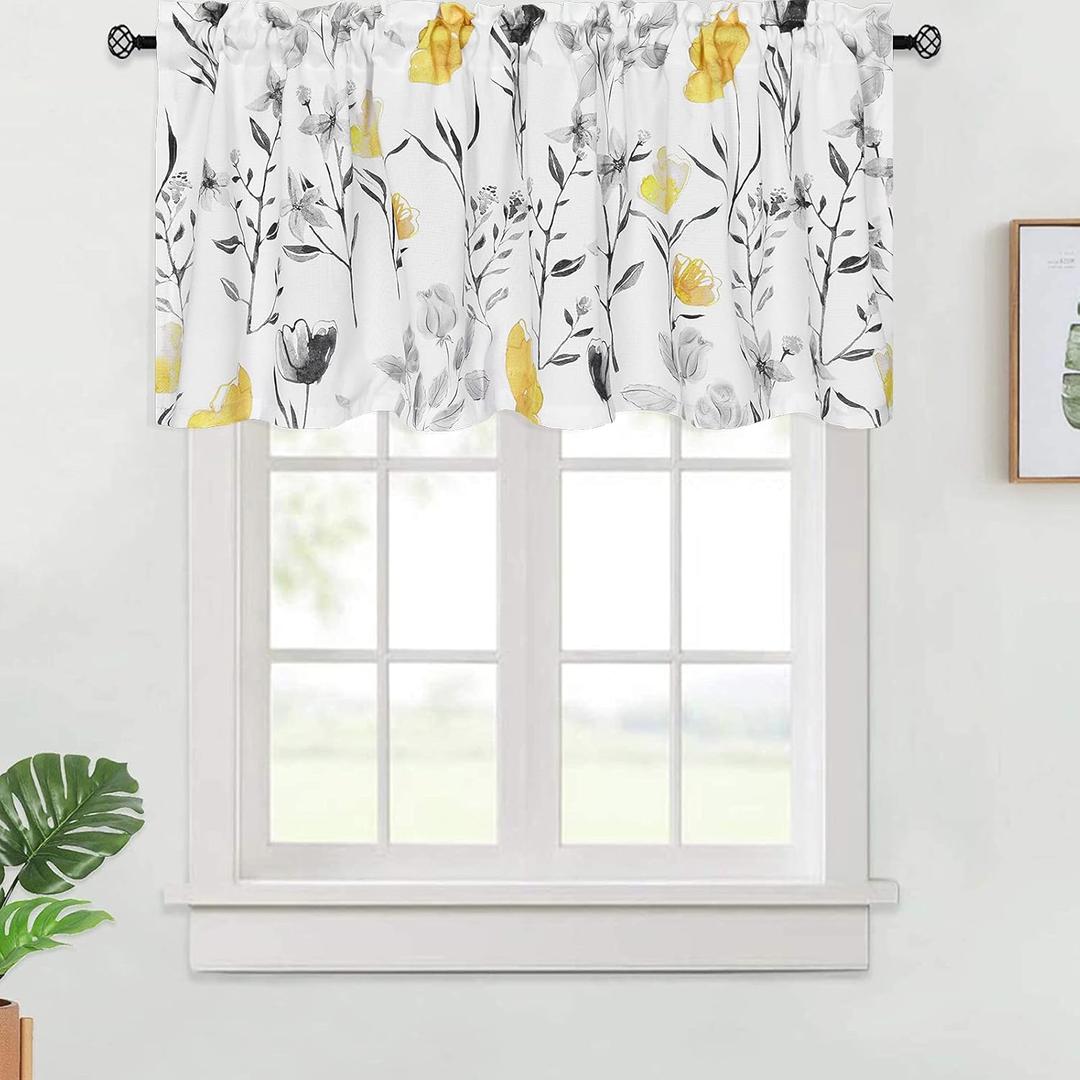Floral Kitchen Valance Curtains Watercolor Flower Leaves Window Valances Yellow and Gray Floral Kitchen Curtains, Rod Pocket Small Window Treatment Valance for Bathroom Basement, 52 x 18 Inches