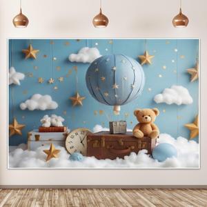Hot Air Balloon Cloud Bear Travel Baby Birthday Backdrop Newborn Baby Blue Birthday Background Party Decoration for Boys Girls 5x3ft