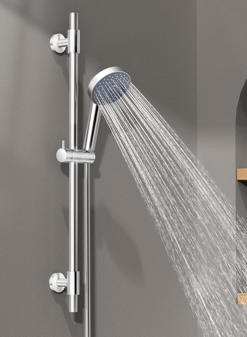 KES Handheld Shower Head 30-Inch Shower Slide Bar and 59-Inch Hose, 5-Function Adjustable Shower Head with Wall Mount Shower Slide Bar Set 18/8 Stainless Steel, Polished Finish F209S78-PS+P501B-CH