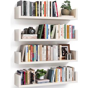 Floating Bookshelves for Wall - Wall Mounted Bookshelf Set of 4, U-Shaped Hanging Bookshelf for Bedroom, Living Room & Office, Wall Book Shelf for Home Decor & Storage (4, White, 17 Inches)