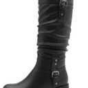 GLOBALWIN Women's Black Knee-High Boots: Fashion Dressy Riding Boots - Chunky Low Heel, Slouchy Design, Buckle Detail, All-Season, Comfortable 2-Inch Heels (8)