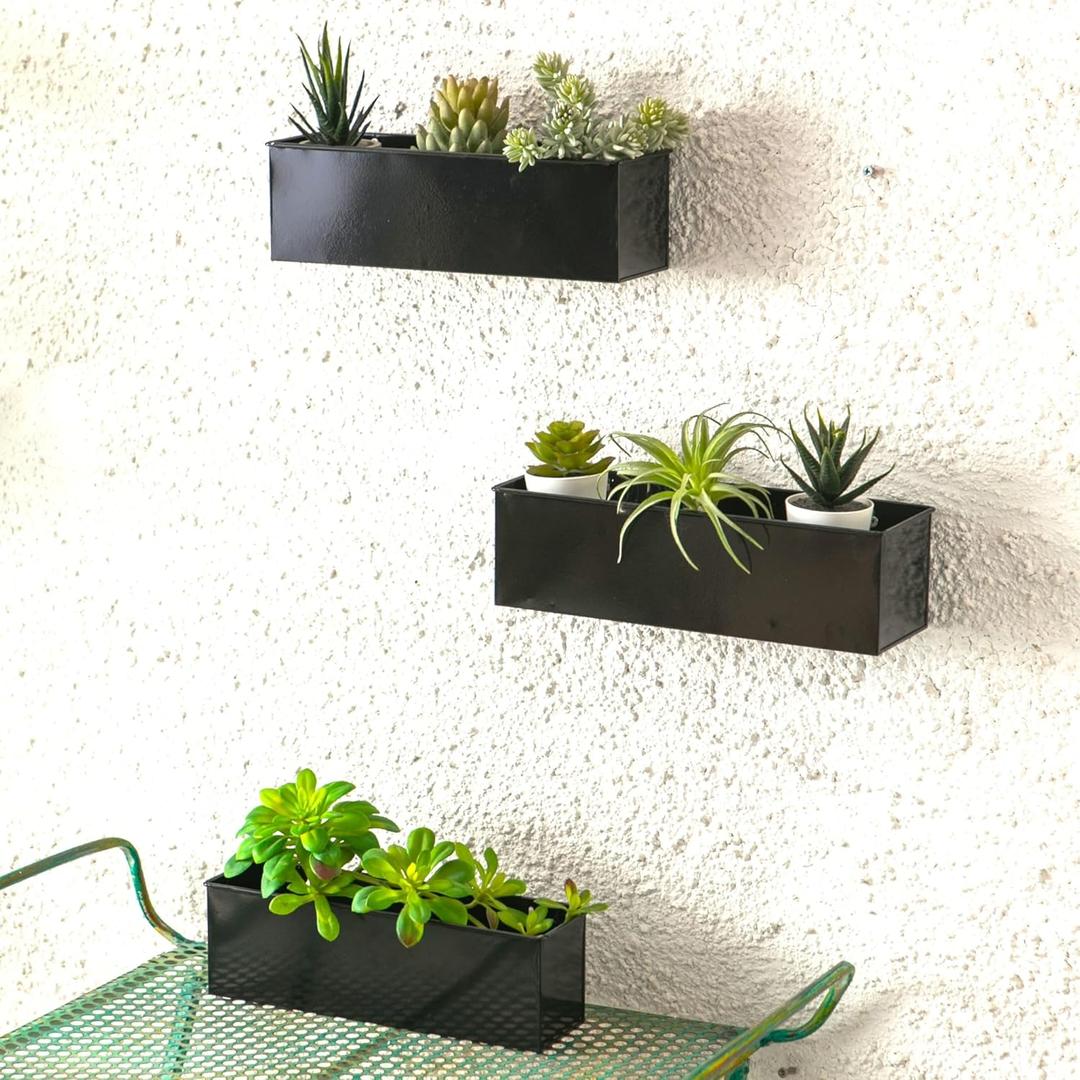LaLaGreen Indoor Wall Planter - 3 Pack, 16 Inch Large Wall Mounted Succulent Planters, Black Rectangular Metal Hanging Flower Pot, Long Window Sill Plant Box Boho Minimalist Decor Floating Shelve