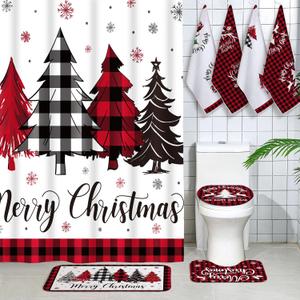 Honoson 8 Pcs Christmas Shower Curtain Set with Rugs and Kitchen Towels Buffalo Plaid Christmas Tree Bathroom Decor Merry Christmas Shower Curtain Decorations Xmas Farmhouse Gifts