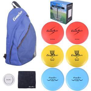 DISC Golf Set Includes 1pc Heavy Duty Nylon Backpack Bag, 2pcs Drivers, 2pcs Mid-Ranges, 2pcs Putters, 1pc Mini Disc Marker, 1pc 12x12 Embroider Logo Black Towel and 1pc Gift Color Box