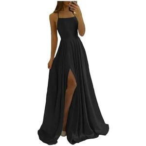 Women Long Formal Dress Solid Satin Spaghetti Straps A Line Evening Cocktail Dresses with Slit, Size S/M