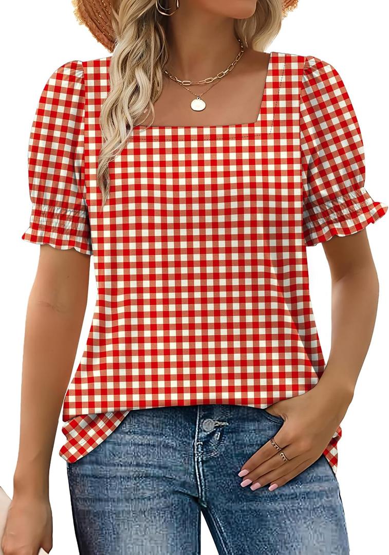 WIHOLL Tops for Women Summer Casual Ruffle Trim Sleeve Square Neck T Shirts, S