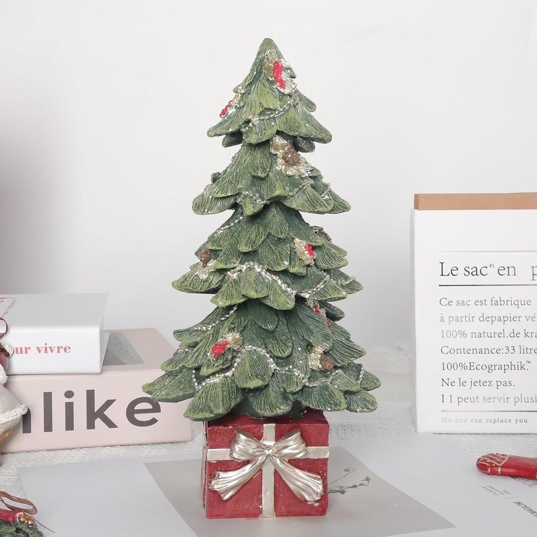 LALALANHOME Christmas Tree Tabletop Decorations Resin Christmas Tree Sign Winter Snow Ornament Tabletop Resin Tree Xmas Centerpiece Decoration for Indoor Home Office Holiday