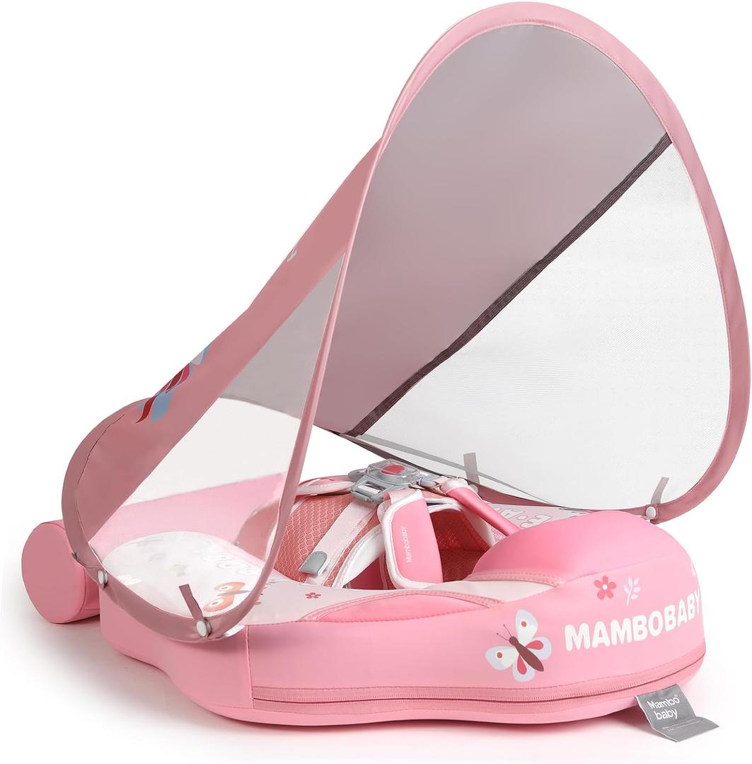 Mambobaby Float with Canopy and Tail New Upgraded Non-Inflatable Baby Pool Float Mambo Float Swim Trainer Solid Infant Swim Float Adjustable Pearl Foam Baby Swim Ring