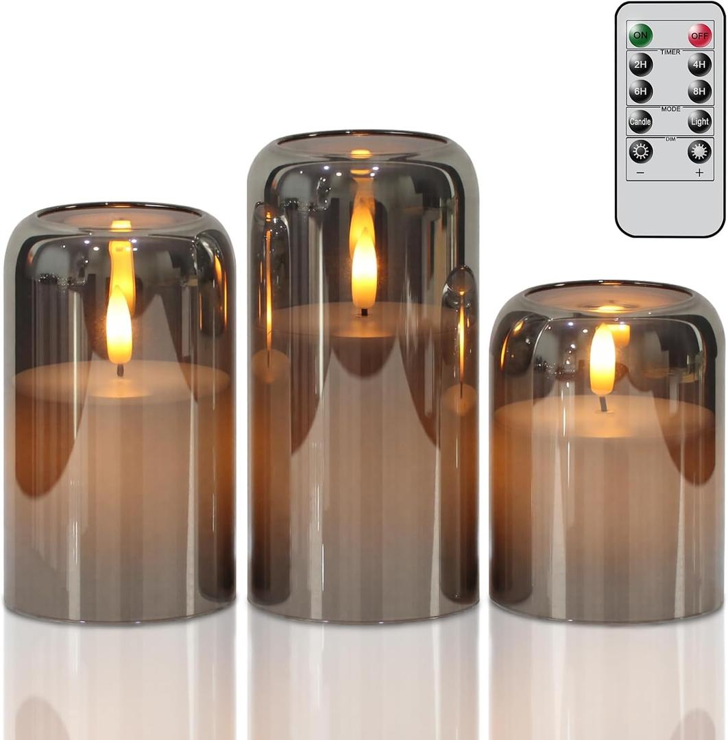 GenSwin Glass LED Candles with Remote Timer, Black Flameless Candles Battery Operated with Flickering Flame, Glass and Real Wax Pillar Candle for Halloween Christmas Home Decor(Set of 3, D3x456)