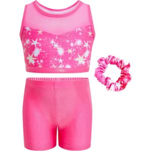 JiAmy Two Piece Gymnastics Leotards for Girls, Sparkly Dance Biketards with Shorts Ballet Tumbling Outfit for Girl 3-12 Years (5-6 Years, Pink)
